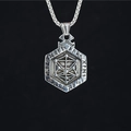 Collier pendentif viking hexagonal vintage en acier inoxydable argenté avec gravure - Pendentif + Chaîne Assortie