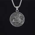 Gothic griffin relief round pendant necklace in vintage silver with pearl chain - Pendant + Matching Chain