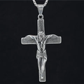Vintage steel cross necklace for men with Jesus portrait relief on black background - Pendant + Matching Chain
