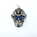 Pendentif tête de mort gothique vintage avec strass bleus et accents dorés - Yeux Or Bleu Acier (Pendentif Uniquement (Sans Chaîne))