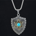 Titanium steel shield pendant necklace with turquoise stone and golden hexagram detail - Turquoise Pendant Necklace (With Chain)