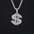 Silver dollar sign pendant necklace with iced out crystals and polished round link chain - Silver Pendant And Chain