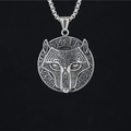 Vintage Viking wolf head embossed round pendant necklace with silver Norse rune details - Pendant + Matching Chain