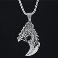 Colgante de cabeza de dragón y diente de lobo en acero de titanio plateado para hombre - Colgante + Cadena a Juego