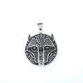 Vintage Nordic Viking wolf head round pendant necklace with silver finish and runes - Pendant Only (No Chain)