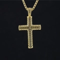 Klassische Hip-Hop Kreuzkette in Gold mit gravierter Textur an einer Rundboxkette - Goldfarbener Anhänger Mit Kette
