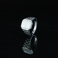 Polished titanium steel men's signet ring with square white shell inlay and tiered band - US 7 / Silver/White