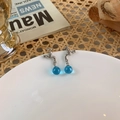 Detail of creative silver faucet earrings featuring translucent blue crystal balls - Silver