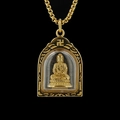 Goldene Buddha-Halskette mit ausgehöhltem Rahmen und Goldkette auf schwarzem Hintergrund - Gold Vairocana (Ziege/Affe) / Anhänger Und Kette