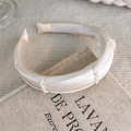 Detail showing elegant champagne satin headband with decorative pearls and beads - Satin Artificial Pearl Style (26457A)