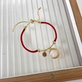 Detail van rood touwarmbandje met gouden gelukshanger en wit jade konijn hanger - Hoofdstijl