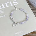 Beaded moon charm bracelet with purple and white crystals and silver key pendant for women - Purple
