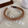 Detailed macro view of brown striped fabric headband with handmade woven label - Light Coffee