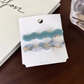 Détail de deux barrettes à cheveux ondulées en acétate bleu et marbré sur une carte - Ensemble Bleu (E)