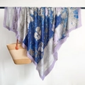 Elegant thick cotton linen scarf with blue purple abstract floral print and frayed edges - 130.0x130.0 / Purple