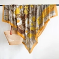 Detail of yellow daisy print cotton linen scarf hanging naturally with fringed edges - 130.0x130.0 / Yellow
