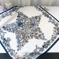 Detail of a large square silk scarf featuring floral star patterns and elegant blue borders - Blue Style / Blue (68RZW236)