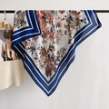 Detail of floral butterfly print scarf with elegant navy blue borders on white fabric - 90x90cm / Royal Blue