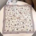 Close-up of premium silk scarf with elegant purple floral patterns and golden leaves - 53x53 / Light Purple Floral Vine