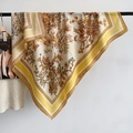 Macro shot of large square scarf with yellow butterfly flower print on a wooden hanger - 90x90cm / Yellow