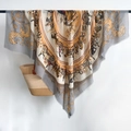 Elegant carriage print oversized square scarf with fringed edges in ocher and white - Gray
