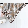 Detail of silk-blend large square scarf with coffee floral print and contrasting borders - Brown