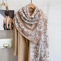 Women's cotton linen scarf with bamboo print paired with an elegant camel winter coat - Khaki (LM433-Khaki) / 180*85CM