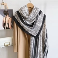 Bamboo print cotton linen scarf in black and white styled with a camel winter coat - Black (LM433-Black) / 180*85CM