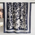 Franse vintage marineblauwe katoenen linnen sjaal met elegante distelbloemenprint - 180cm x 85cm / Blauw