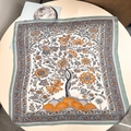 Blue floral 100% mulberry silk scarf featuring an orange and grey Tree of Life pattern - 53x53 / Gray Floral Tree