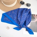 French style navy blue floral cotton scarf paired with sun hat for summer beach vacation - Royal Blue / 65*65