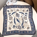 Silk scarf with blue vintage floral pattern on cream base and navy border - 53x53 / Dark Blue Fog Island Vine