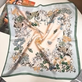Floral 100% mulberry silk scarf with green border and butterfly print in beige - 53x53 / Green Garden