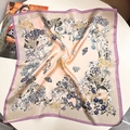 Elegant 100% mulberry silk square scarf with blue floral prints and pink center - 53x53 / Purple Garden