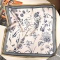 Blue floral 100% mulberry silk square scarf with butterfly pattern on cream background - 53x53 / Ink Wash Floral
