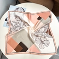 Silk square scarf featuring blue floral patterns and geometric color blocking designs - 53x53 / Orange Pink Block Floral
