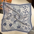 Silk square scarf in grey blue with floral pattern and vintage pomegranate design - 53x53 / Blue Flower Language