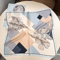 Blue floral silk square scarf with geometric patterns and hand-painted flower design - 53x53 / Blue Block Floral