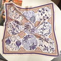 Blue floral 100% mulberry silk scarf with vintage pomegranate patterns on cream base - 53x53 / Purple Flower Language