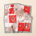 Gedetailleerd patroon van een vintage satijnen sjaal met retro illustraties en zijde - Gallerij Vintage Portret Stijl-Rood (58FJ13-1)