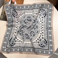 Blue floral silk scarf with elegant black and white botanical patterns and gold border - 53x53 / Blue Rhombus