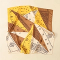Detailed macro view of the paisley pattern and fine hem on this satin silk square scarf - Paisley Geometric Patchwork Style-Dark Coffee (58FJ28-3)