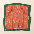 Detailed flat lay of a satin scarf featuring vintage bird and orange floral patterns - Vintage Floral Bird Style-Orange (58FJ26-2)