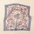 Detail of satin square scarf with vintage floral and bird prints on silky fabric - Vintage Floral Bird Style-Gray (58FJ26-4)