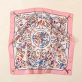 Detail of satin square scarf featuring vintage floral print and bird motifs on beige background - Vintage Floral Bird Style-Pink (58FJ26-3)