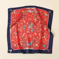 Detail of red and blue silk scarf featuring elegant floral, bird and baroque prints - Vintage Floral Bird Style-Red (58FJ26-1)