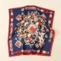 Detail of luxury satin square scarf featuring vintage jewelry prints and silk texture - Jewelry Luxurious Style-Navy (58FJ23-3)