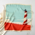 Detail of artistic silk square scarf with lighthouse illustration and tulip decor - Bell Lighthouse
