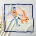 Detail of satin silk square scarf featuring modern illustration and elegant blue border - Morning Walk