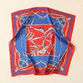 Detailed close-up of 55x55cm satin scarf showing red blue equestrian chain pattern - Classic Equestrian Chain Style-Red Blue (58FJ08-1)